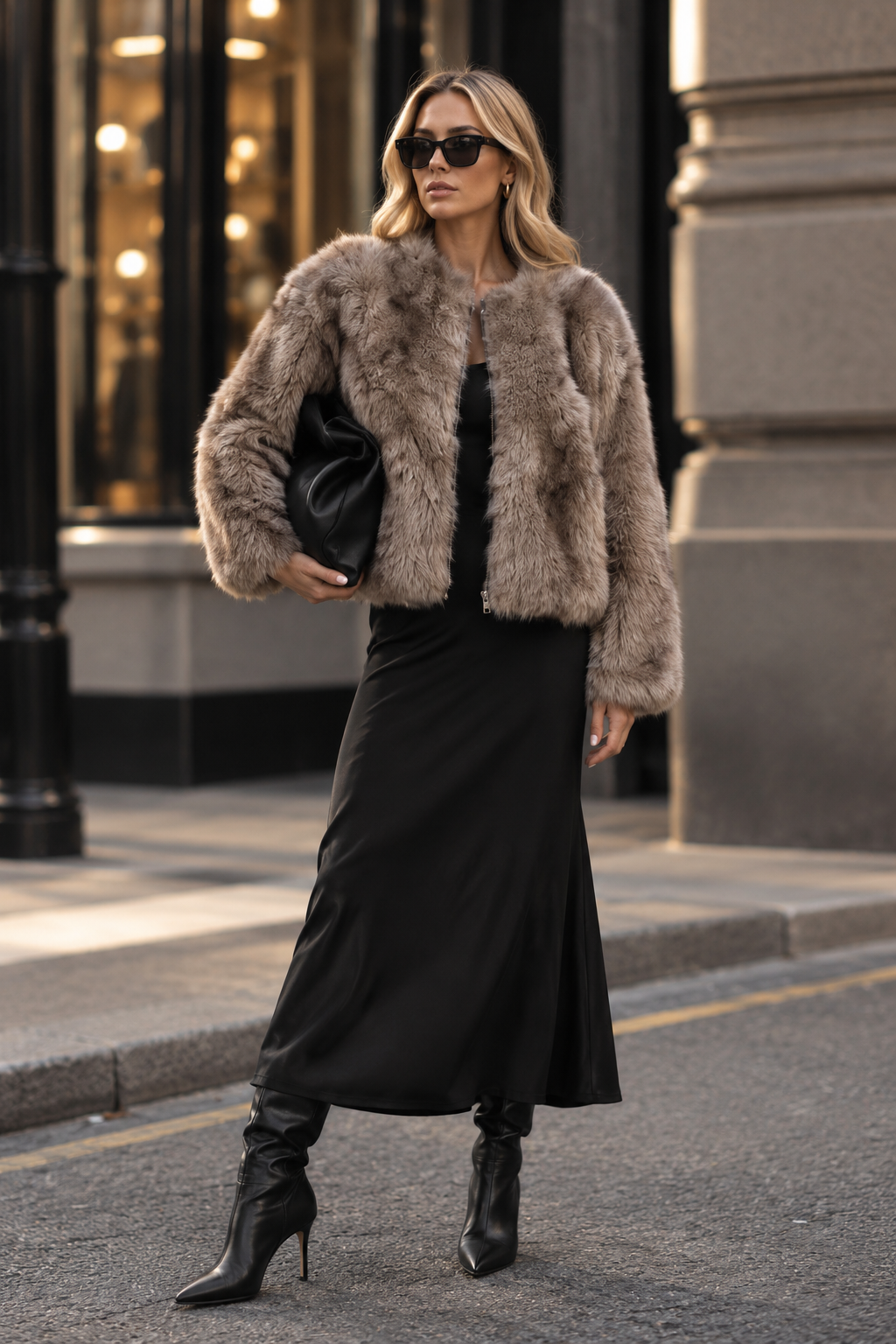 Valentina – Fake-Fur-Bomberjacke in Taupe