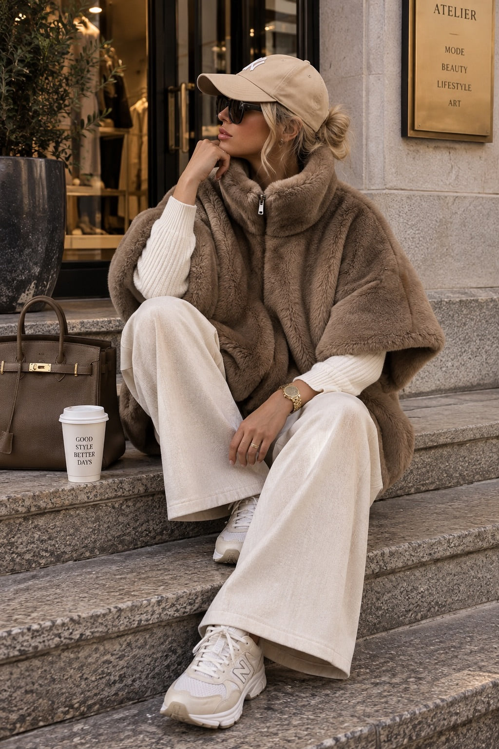 Aimy – Teddy-Poncho in Warm Taupe
