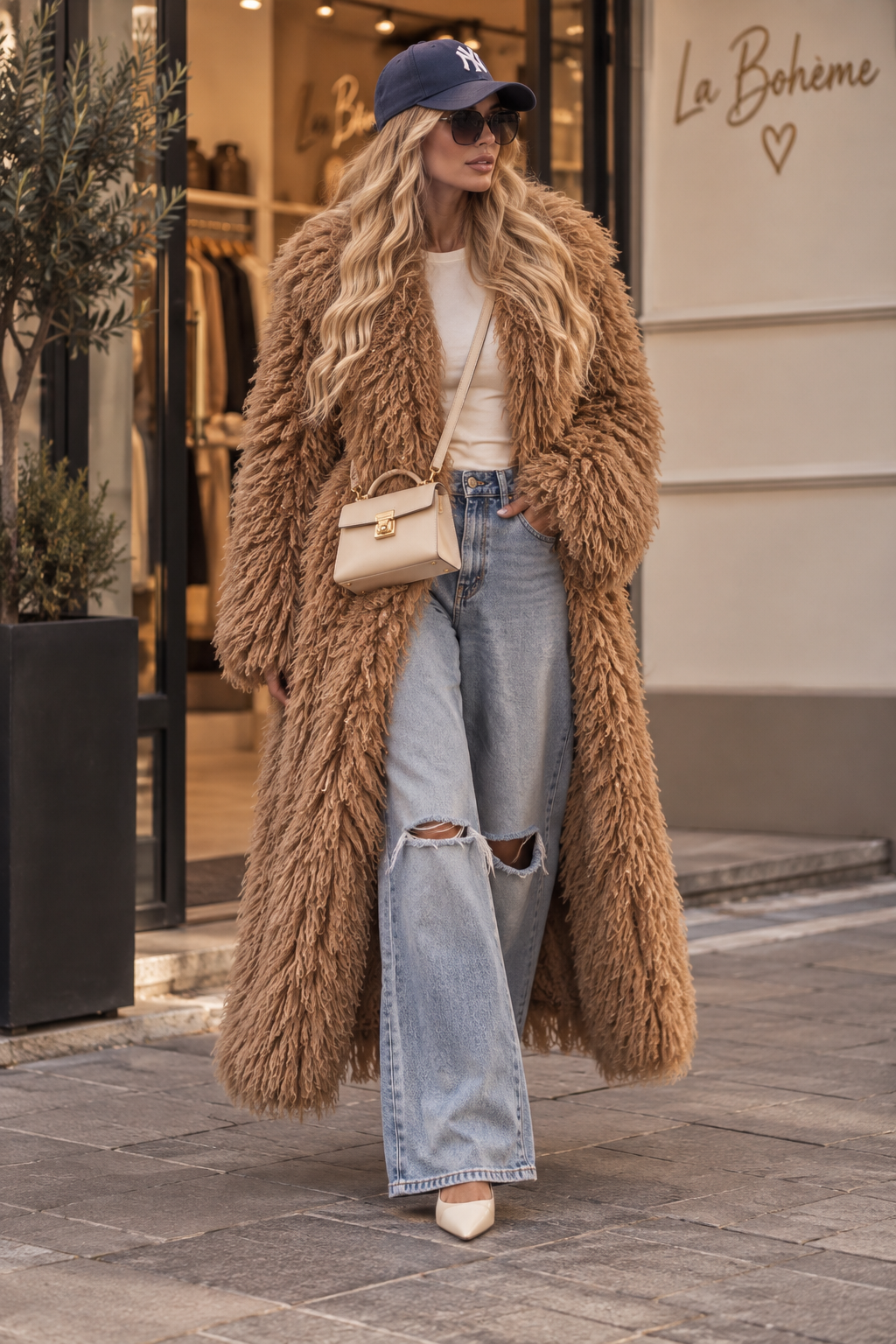 Mia – langer Faux-Fur-Mantel in Ivory & Caramel