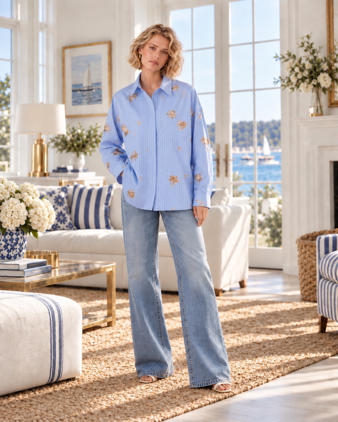 Maggie – Oversized Bluse in Light Blue mit Pailletten
