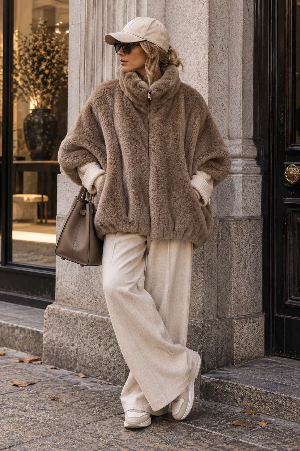 Aimy – Teddy-Poncho in Warm Taupe