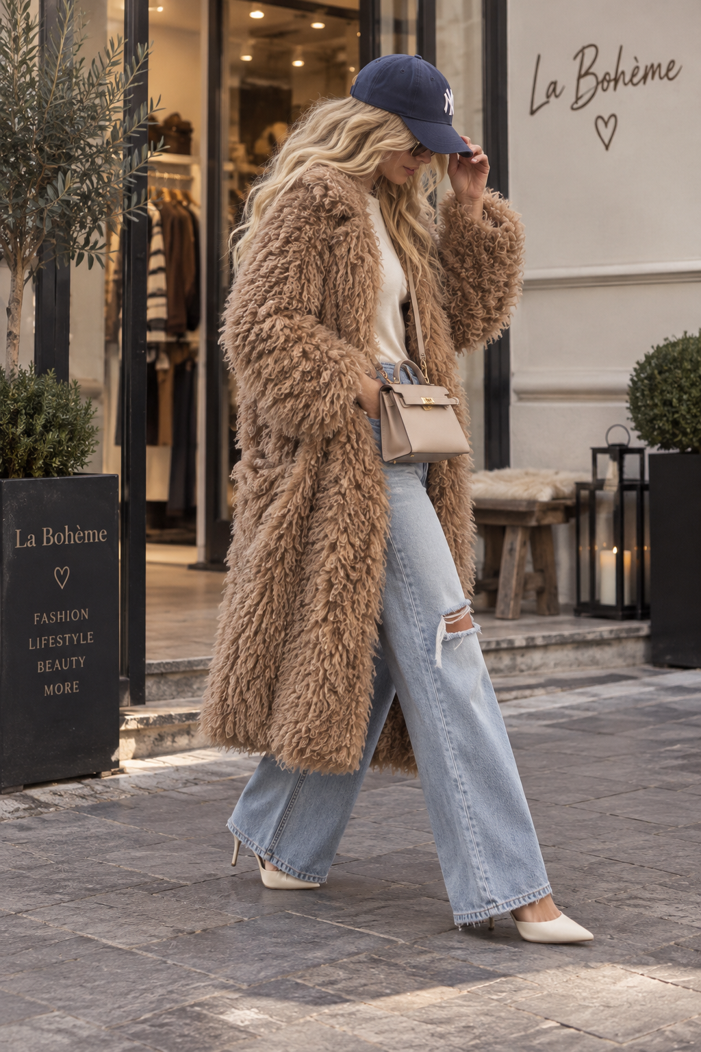 Mia – langer Faux-Fur-Mantel in Ivory & Caramel