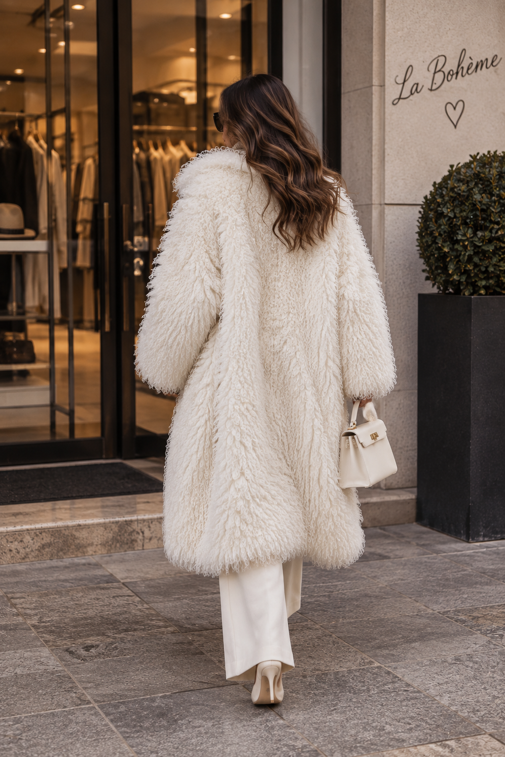 Mia – langer Faux-Fur-Mantel in Ivory & Caramel