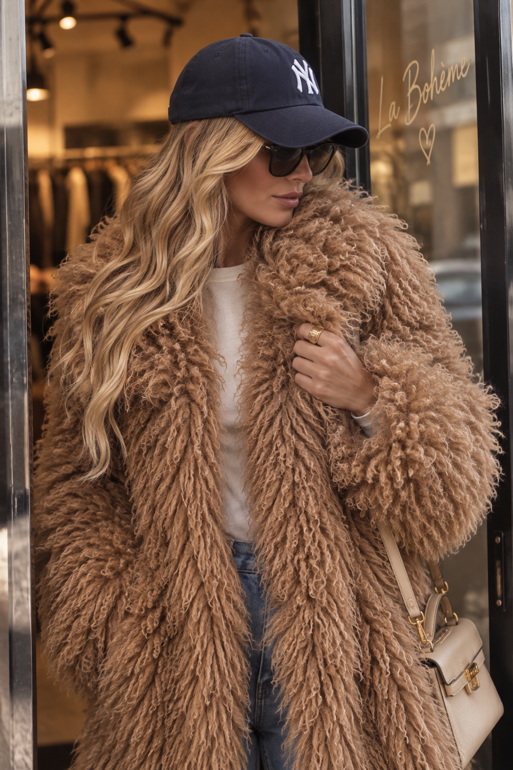 Mia – langer Faux-Fur-Mantel in Ivory & Caramel