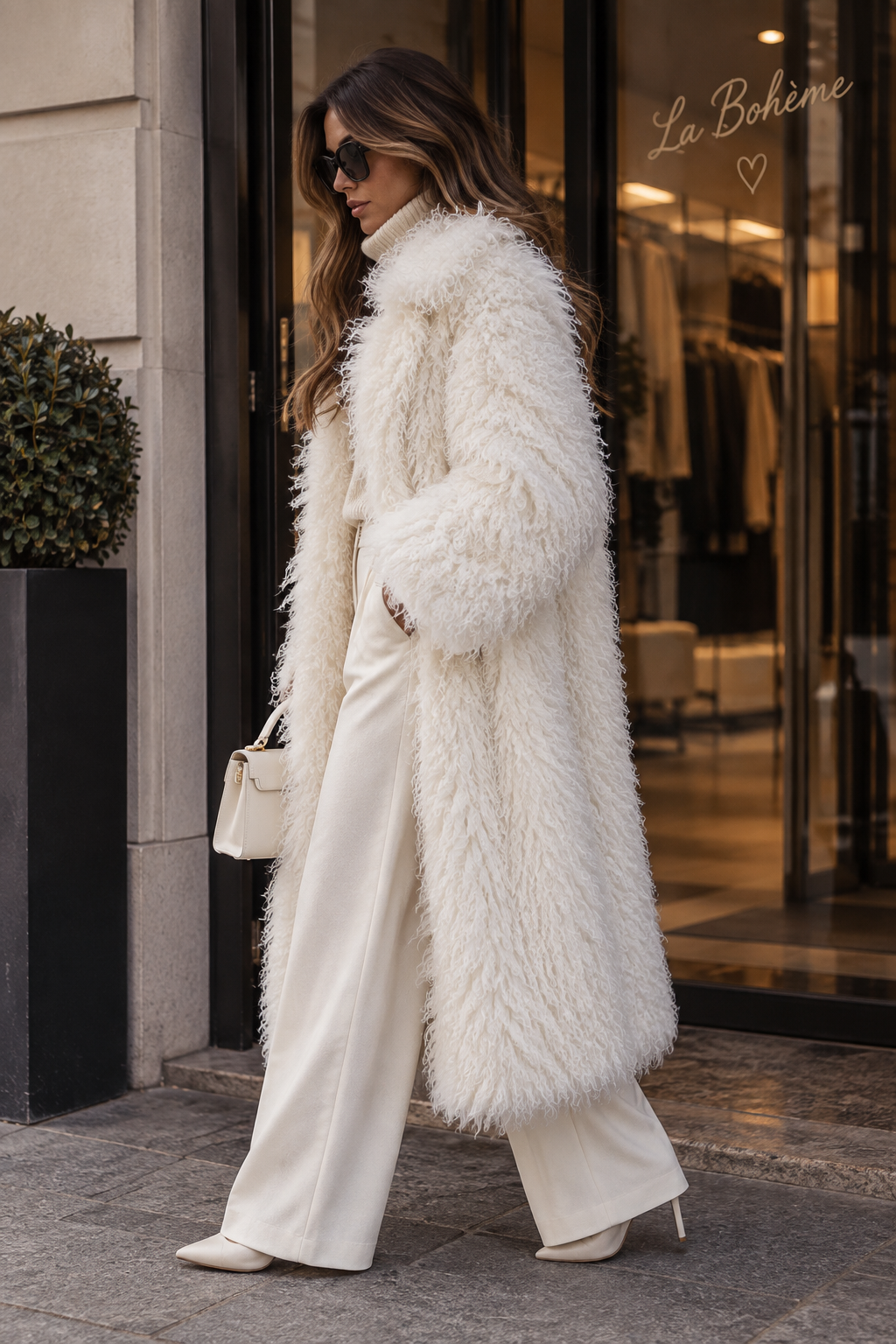 Mia – langer Faux-Fur-Mantel in Ivory & Caramel
