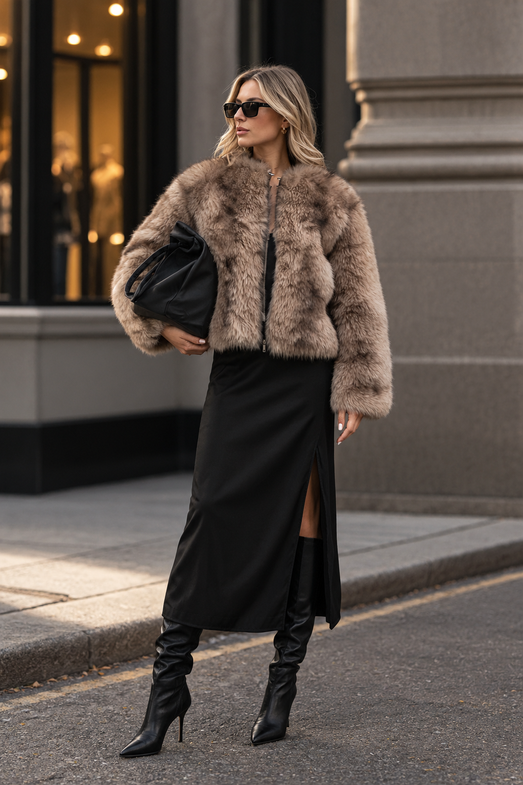 Valentina – Fake-Fur-Bomberjacke in Taupe