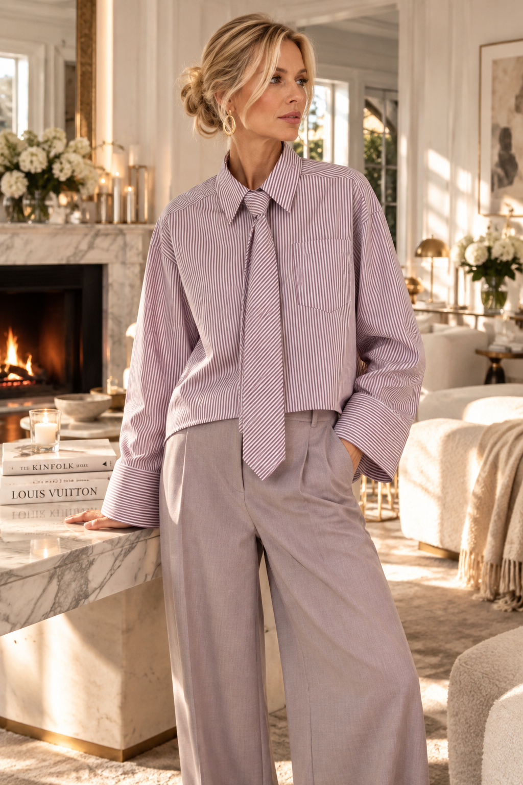 Valerie – Oversized Schlipsbluse in Rosé Stripe